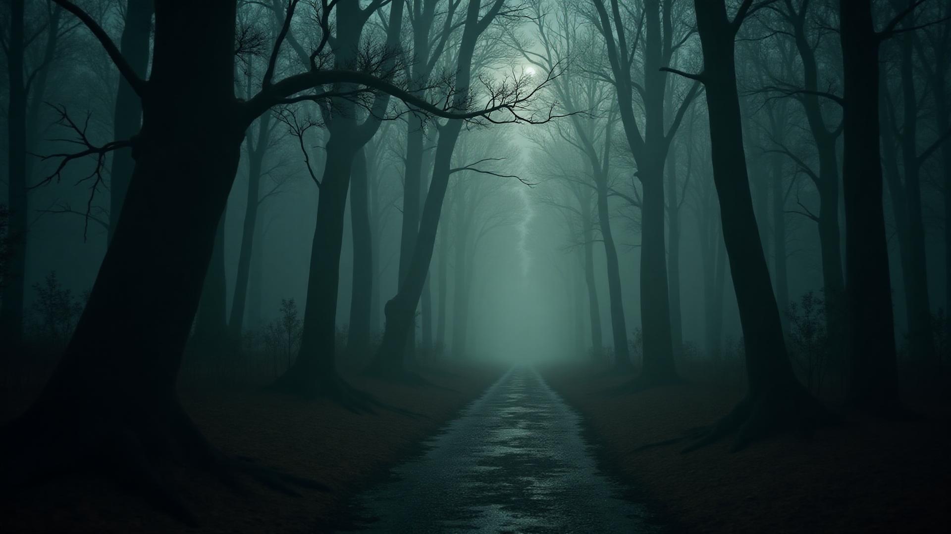 Choice-based horror game with branching narrative paths in dark atmospheric forest, decision-driven horror gaming