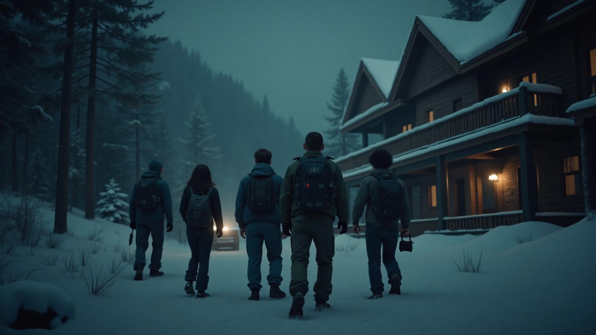 Group of friends approaching mountain lodge in survival horror game, cinematic third-person horror gaming experience