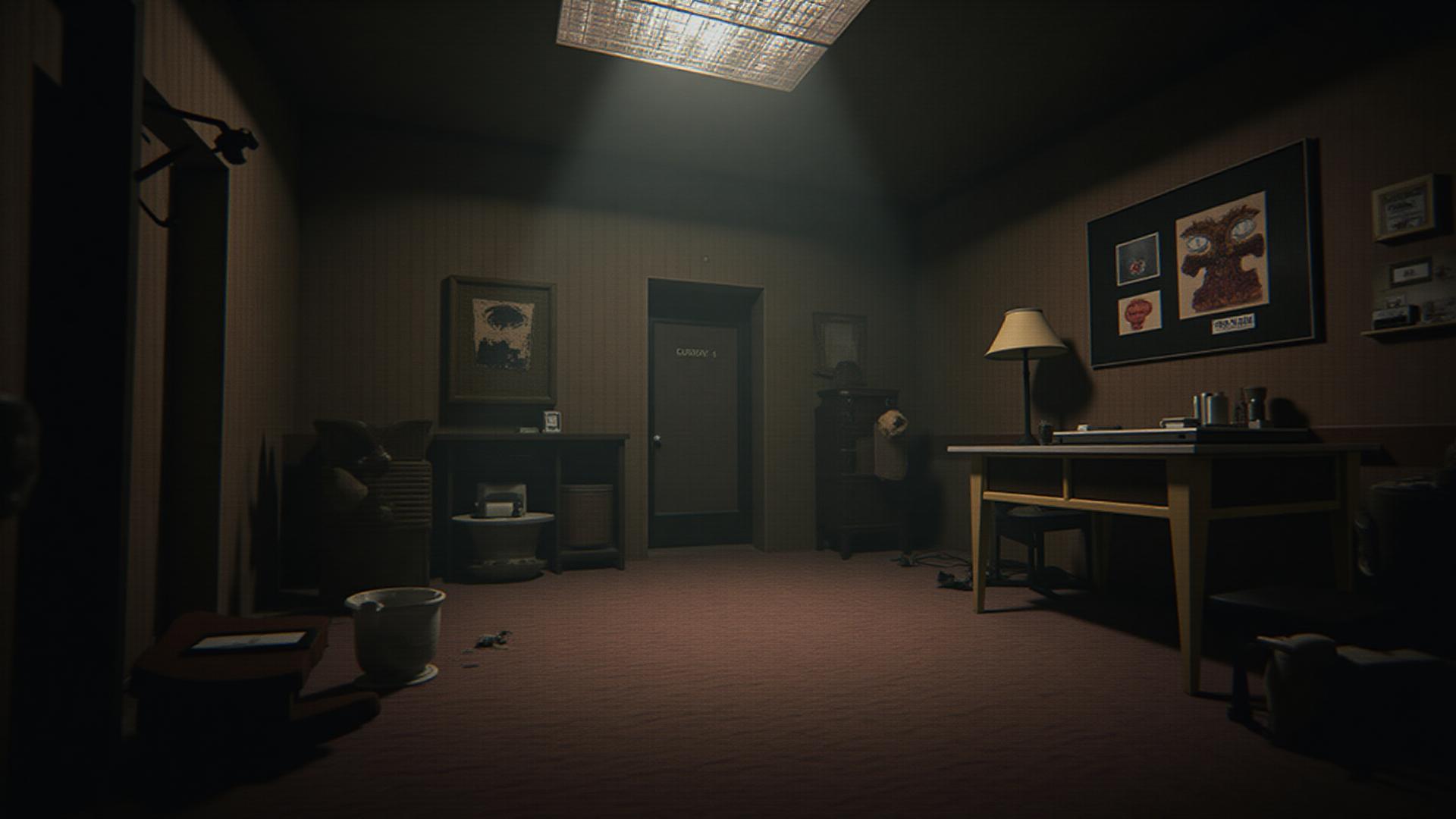 Horror escape room with locked doors, puzzles, dark atmosphere, survival horror escape mechanics