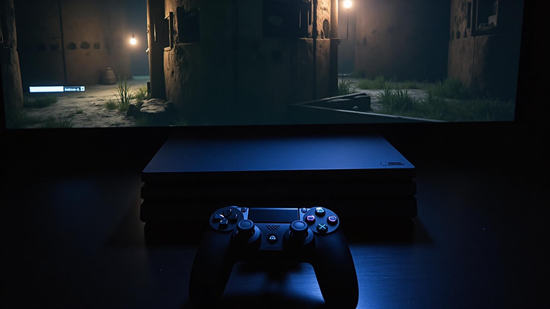 PS4 horror gaming setup with DualShock controller showing atmospheric horror gameplay on screen
