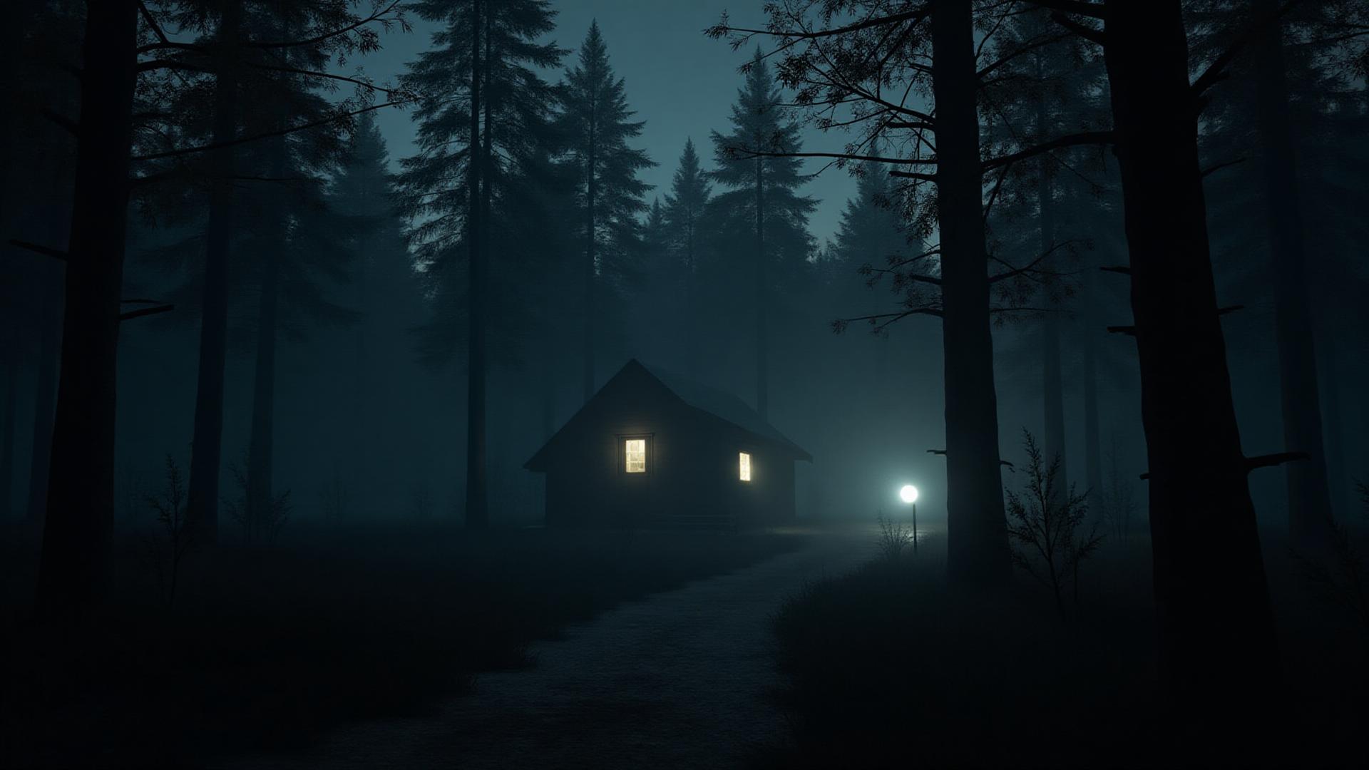 Cinematic horror game scene with dark atmospheric forest at night, mysterious cabin in background, Until Dawn style horror gaming